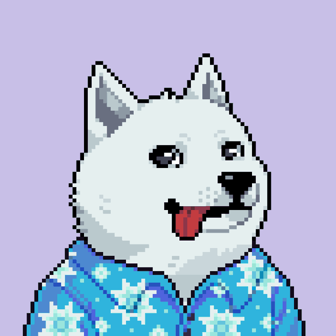 A pixel art illustration of a white dog with its tongue out, wearing a blue floral shirt against a purple background.