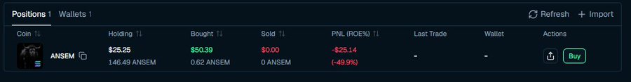 A crypto portfolio interface displays a position in the ANSEM coin showing a holding of 146.49 ANSEM ($25.25), bought for $50.39, with an unrealized PNL of -$25.14 (-49.9%).