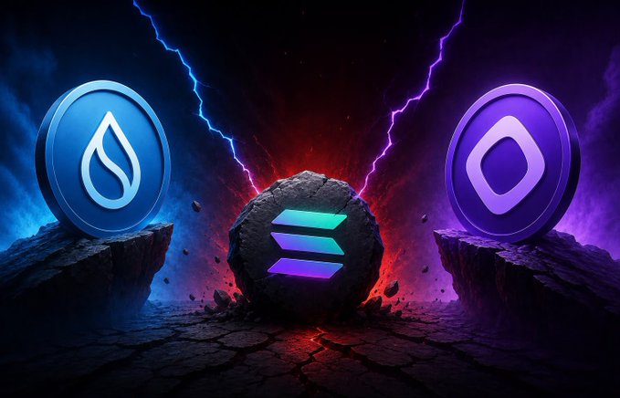 A dramatic digital artwork showing three cryptocurrency logos (Sui on the left, Solana in the center on a rock, and an unlabeled purple coin on the right) amid lightning and smoke.