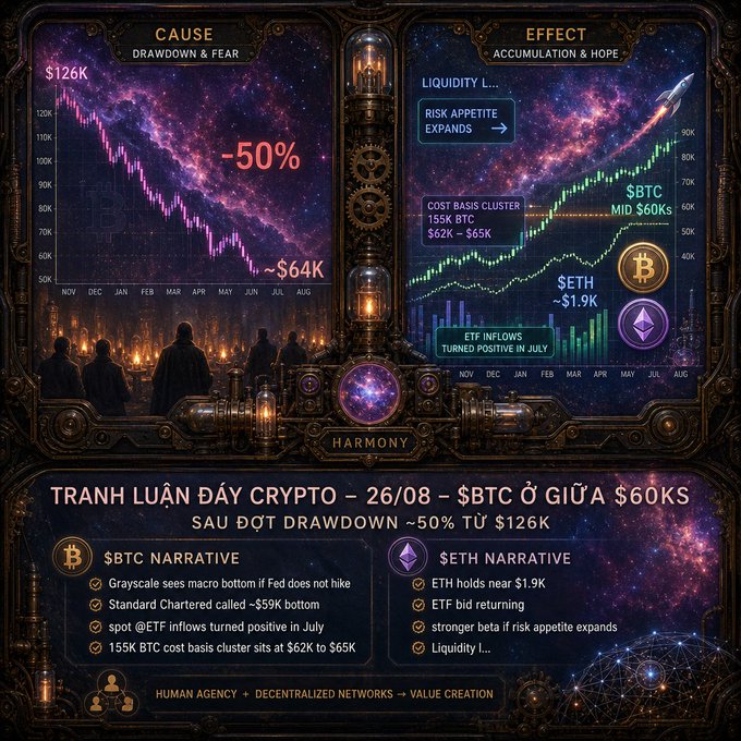 A stylized crypto market infographic titled 'TRANH LUẬN DẦY CRYPTO – 26/08' analyzing $BTC at ~$60K after a ~50% drawdown from $126K, with $ETH narrative at ~$1.9K and ETF inflows turning positive in July.