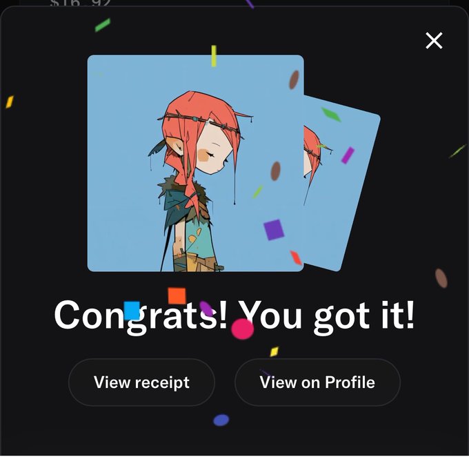 A digital art NFT purchase confirmation screen displaying 'Congrats! You got it!' with two cards featuring a stylized illustration of a girl with orange hair and pointed ears.
