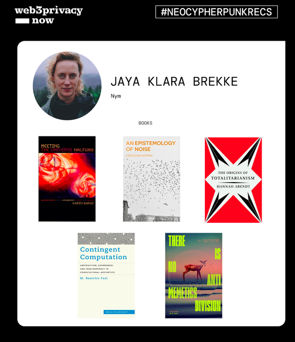 The image features a poster with five books displayed, each accompanied by a title and an author's name. The books are arranged in a row, showcasing different genres and topics. The poster also includes a social media handle, @nym, which is likely used for sharing information about these books or promoting related events.