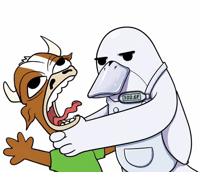 A cartoon cow with an open mouth being examined by a doctor duck wearing a thermometer displaying "102.6F", illustrating the post's message of diagnosing a "fever" in the crypto market before the bull run can begin.