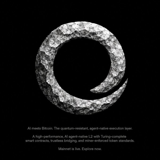 A promotional graphic displays a metallic, textured circular logo with the text "AI meets Bitcoin. The quantum-resistant, agent-native execution layer" and "Mainnet is live. Explore now."