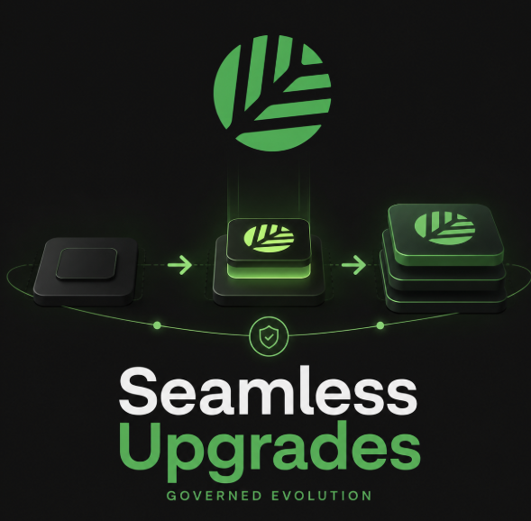 A dark tech-themed promotional graphic with green accents showing abstract logo icons and 3D button elements, with the text 'Seamless Upgrades' and tagline 'GOVERNED EVOLUTION'.