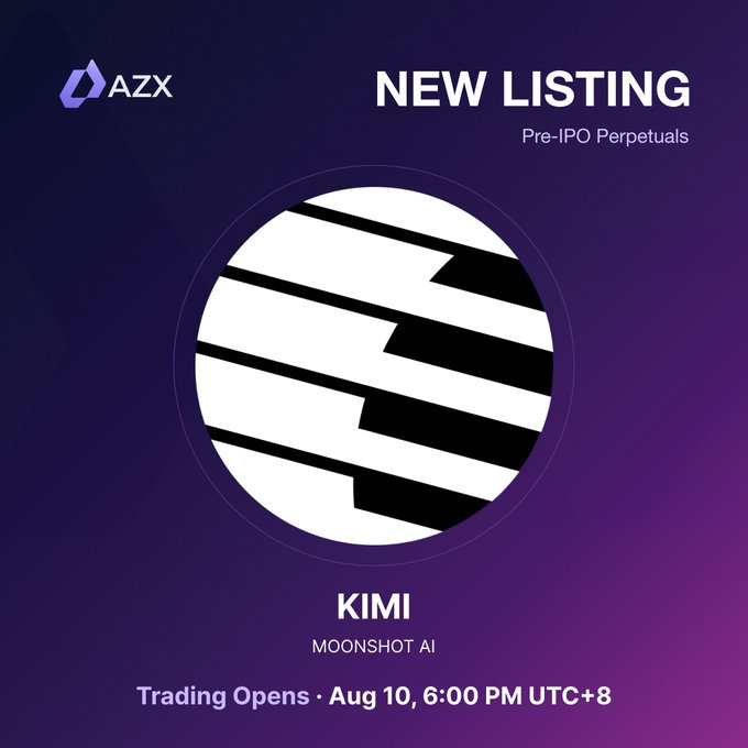 A promotional graphic for AZX announces a 'NEW LISTING' for Pre-IPO Perpetuals of KIMI (MOONSHOT AI), with trading opening on August 10 at 6:00 PM UTC+8.