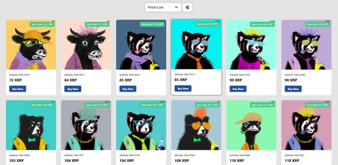 The image shows an array of animal paintings, including a total of 15 illustrations of various animals such as bears, cows, birds, and cats arranged in two rows with 9 images in each row. The background color is grey, providing a neutral backdrop for the artwork displayed on it. A small screen at the bottom of the image features information about selling these paintings, including details such as the price and payment method, with one saying "Priced by sellers" while another says "For sale".