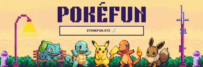 A pixel art banner for the Solana token $POKE displays "POKÉFUN" prominently at the top, featuring classic Pokémon characters including Bulbasaur, Squirtle, Pikachu, Charmander, and Eevee lined up along a park bench scene. The website "stonkfun.xyz" is shown below the title, serving as the promotional image for the Moby-listed community token that blends Pokémon nostalgia with crypto branding.
