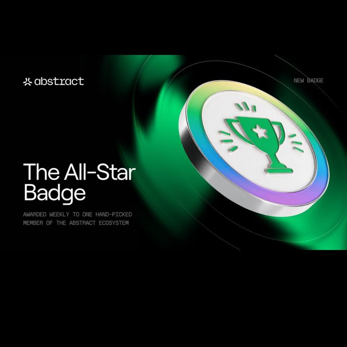 A promotional graphic announces "The All-Star Badge" from the Abstract ecosystem, featuring a 3D silver and rainbow-rimmed badge with a green trophy icon against a dark background with green highlights.