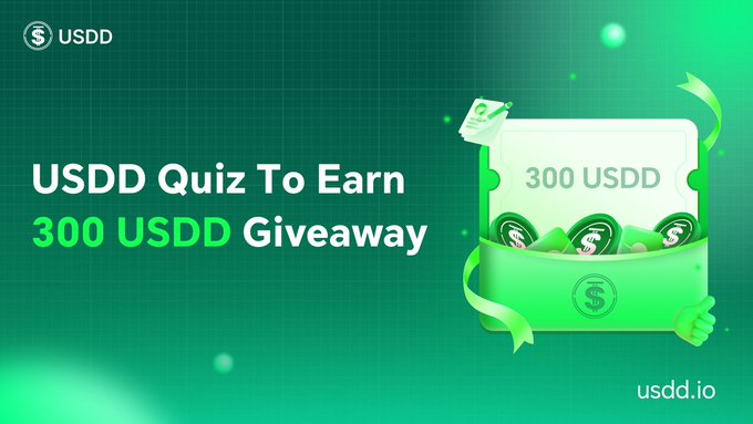A promotional graphic for USDD features the text "USDD Quiz To Earn 300 USDD Giveaway" alongside a green gift box overflowing with USDD coins on a green gradient background. The image promotes a giveaway contest, which contrasts with the post's focus on USDD's risk management practices in DeFi, suggesting a marketing campaign to reward user engagement with the platform.