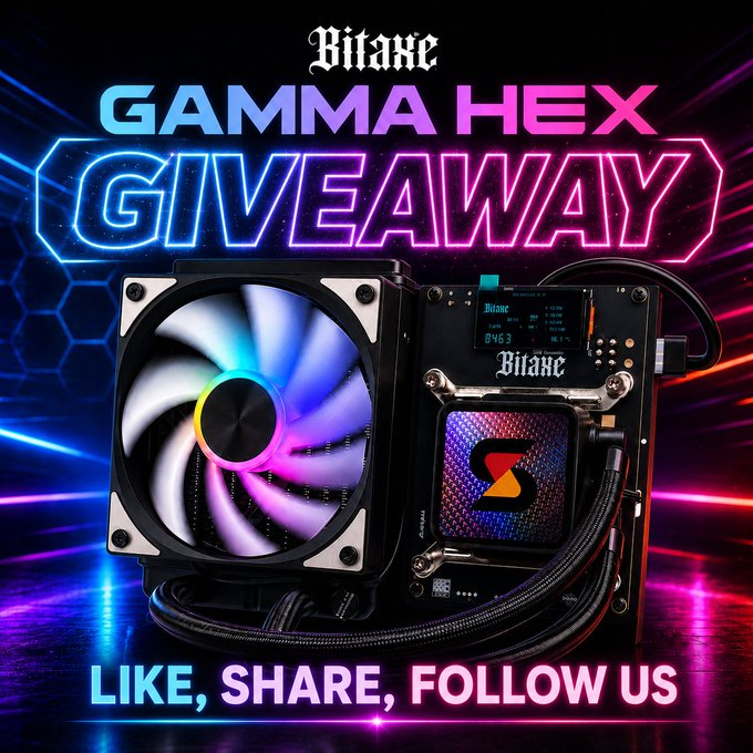 The image promotes a "BITAXE GAMMA HEX GIVEAWAY" featuring the Bitaxe Gamma Hex Bitcoin miner with its colorful RGB cooling fan and digital display, with a call-to-action reading "LIKE, SHARE, FOLLOW US." The graphic's neon aesthetics and branding visually reinforce the social media giveaway announcement for the mining hardware.