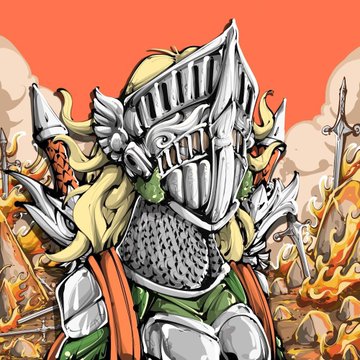 A digital illustration of a heavily armored knight with blonde hair and a green tunic standing amidst flames and ruined spears against an orange sky.