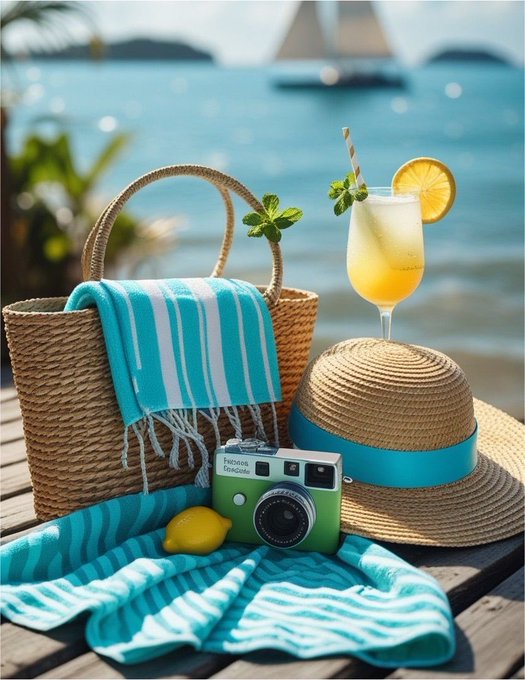 A summery beach scene featuring a woven straw tote bag with a turquoise and white striped towel, a straw sun hat, a vintage green camera, and a refreshing yellow cocktail garnished with mint and orange slice, all arranged on a wooden dock with sailboats in the background.