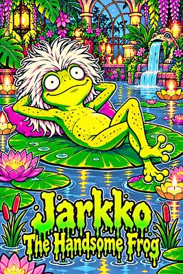 A colorful cartoon illustration of a relaxed green frog lounging on a lily pad in a pond with a fountain and lanterns in the background, labeled 'Jarkko The Handsome Frog.'