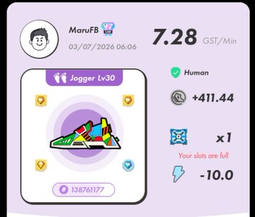 A STEPN app screenshot showing a 'Jogger Lv30' NFT sneaker with earnings of 7.28 GST/Min and +411.44 GMT, dated 03/07/2026.