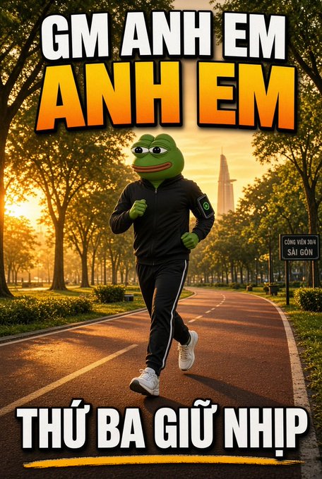 A Pepe the Frog character wearing black athletic wear jogs on a park path at sunset, with Vietnamese text reading 'GM ANH EM ANH EM THỨ BA GIỮ NHỊP' and a sign for 'CÔNG VIÊN 30/4 SÀI GÒN'.