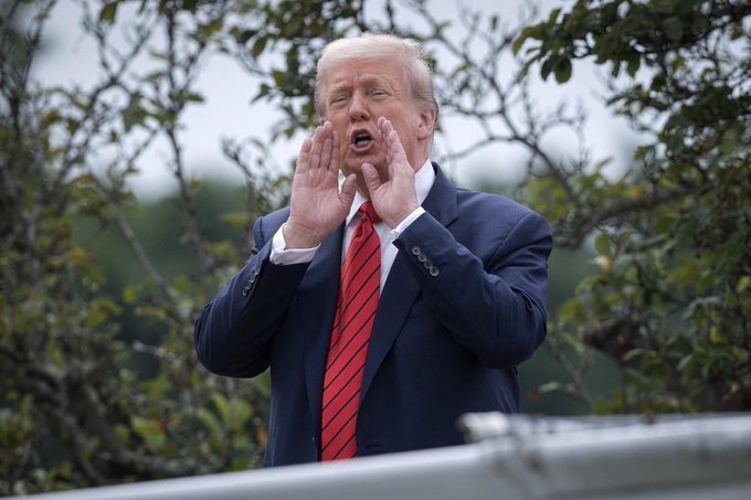 Donald Trump calls out with his hands cupped around his mouth, perhaps amplified by the house hearing mentioned in the accompanying post.