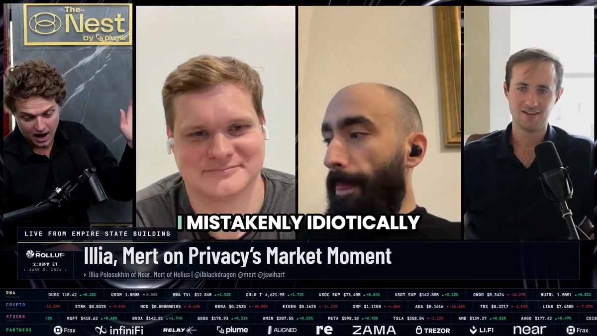 The image shows a panel of four men sitting behind microphones, appearing to be discussing something related to cryptocurrency or the Zcash situation. The first man has his arm raised while talking, and the other three men are attentively listening to him. The background features a banner with text that reads "Mert says the Zcash situation was a known trade-off amplified by a wrong narrative and a perfect storm of timing: ... Bitcoin and Monero have similar issues." This suggests that they might be discussing the challenges faced by Bitcoin and Monero in terms of security, transparency, or other related issues.