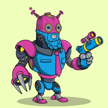 A cartoon illustration of a pink and blue robot character with antennae, wearing a tie, and holding a yellow and blue ray gun.