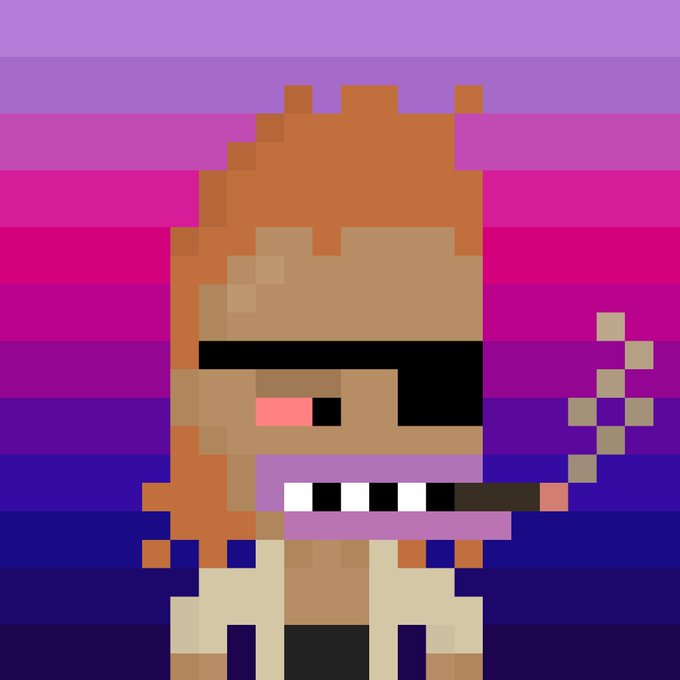A pixel art image of a redheaded character with an eye patch smoking a cigar against a background of horizontal purple, pink, and blue stripes, also resembling a pride flag.