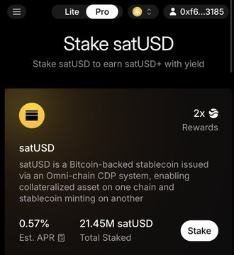The image shows an overview of an account on @RiverdotInc for a project called "Stake SatUSD", which allows users to stake their tokens, or cryptocurrencies such as Bitcoin, for rewards, credits, and potentially funding. The account holder can contribute content that is valued by the community and vote others to give credits or tokens in return. This reward system encourages user involvement in discussions about the project and fosters a sense of collaboration among the members.