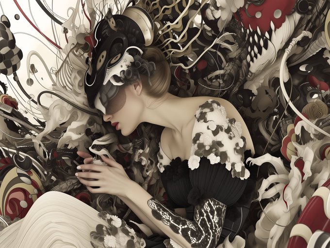 A stylized digital artwork of a woman wearing an ornate mask and a black and white dress, surrounded by intricate swirling patterns.