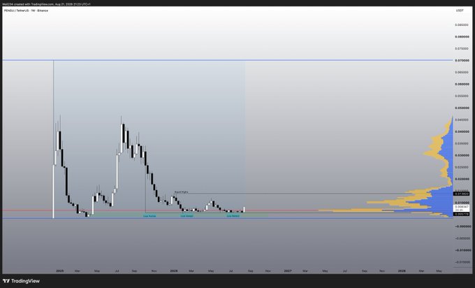 The image shows a long-term candlestick chart of the Hedera token ($HBAR/USDT) on TradingView, displayed in weekly timeframe, with the price currently around $0.07518–$0.08934 after a massive rally from 2024 highs followed by a sharp decline into 2025–2026 lows, accompanied by a volume profile showing heavy accumulation around current price levels.

Note: The accompanying post actually discusses $PENGU (Pudgy Penguins), which does not match the chart shown — the chart clearly displays Hedera ($HBAR) based on the top-left ticker label.