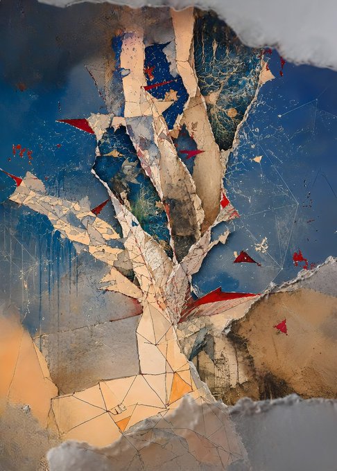 An abstract mixed-media artwork featuring peeling layers of torn paper in blue, white, red, and tan hues, creating a weathered, fragmented composition.