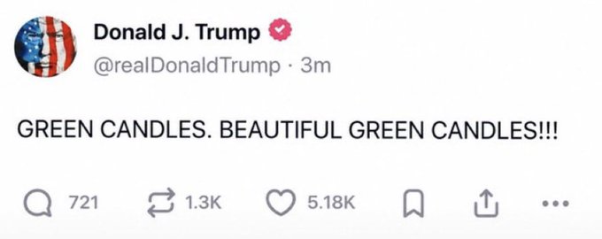 A tweet from 'Donald J. Trump @realDonaldTrump' reads 'GREEN CANDLES. BEAUTIFUL GREEN CANDLES!!!' with 5.18K likes.