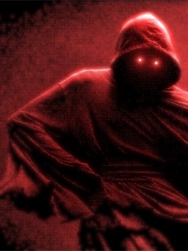 A dark, red-tinted horror-style digital illustration of a hooded figure with glowing red eyes, evoking a sinister or demonic presence.