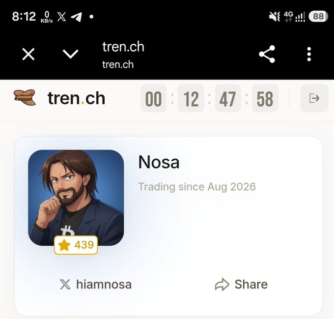 A screenshot from tren.ch showing a trader profile named 'Nosa' with the handle 'hiamnosa', a 439 star rating, and a countdown timer of 12 days, 47 hours, 58 minutes until trading begins Aug 2026.