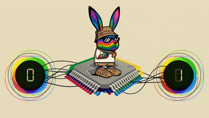 The image features a cartoon rabbit wearing sunglasses, standing on top of a computer chip or circuit board. The rabbit appears to be sitting underneath an existing wallet, suggesting that it might be a smart device or gadget designed for users who want to keep their keys secure and local. The post is titled "GQuip @quipnetwork client does something smart it sits quietly underneath your existing wallet adds a post quantum seed when you need it and handles everything locally so you never have to trust an external system with your keys don'