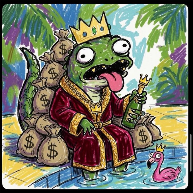 A colorful illustration shows a green dinosaur-like creature wearing a gold crown and red robe, sitting among money bags while holding a champagne bottle, accompanied by a small pink flamingo wearing a crown.