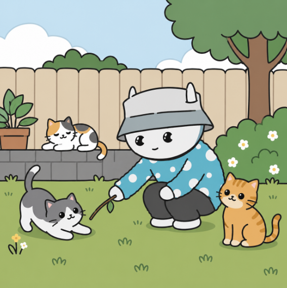 A cute cartoon illustration of a character in a bucket hat and polka-dot shirt playing with three cats in a garden with a wooden fence.