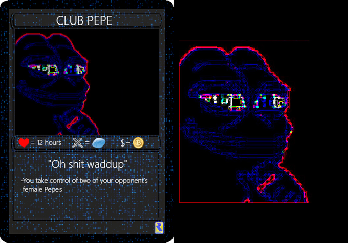 Two glitchy, neon-outlined pixel art illustrations labeled "CLUB PEPE" depict a stylized figure wearing glasses with a caption reading "Oh shit waddup" and "You take control of two of your opponent's female Pepes."