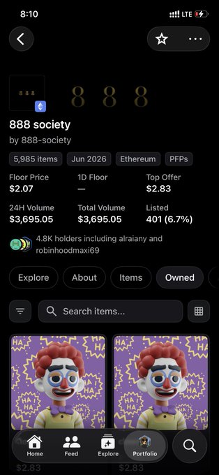 The image shows a screenshot from an OpenSea-like NFT marketplace displaying the "888 society" collection, which has 5,985 items and a floor price of $2.07. Two NFT clown figures priced at $2.83 each are visible, connecting to the post about minting from the @888s_Society collection.
