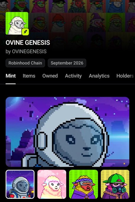 A screenshot of an NFT collection page for 'OVINE GENESIS by OVINEGENESIS' on Robinhood Chain from September 2026, displaying pixel-art sheep and alpaca characters with tabs for Mint, Items, Owned, Activity, Analytics, and Holders.