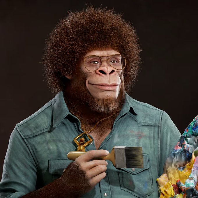 A digitally created image showing a chimpanzee sporting a curly brown afro hairstyle, gold-rimmed glasses, and a denim shirt, holding a paintbrush while wearing a gold pendant.