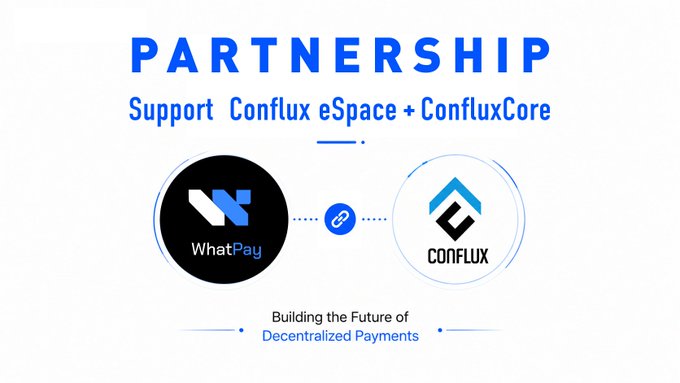 The image features a white background with blue text that reads "Partnership Support Conflux eSpace + ConfuxCore". Below this, there are two circles - one black and one blue. The black circle contains the words "WhatPay" written in white letters, while the blue circle has the word "Conflux" written in white letters.

The text on the image suggests that the partnership between WhatPay and Conflux is aimed at supporting eSpace and Core Space within the Conflux Network. This collaboration could potentially benefit both parties by providing a platform for exchanging digital currency or other forms of payment, while also promoting the use of eSpace and Core Space in the financial ecosystem.