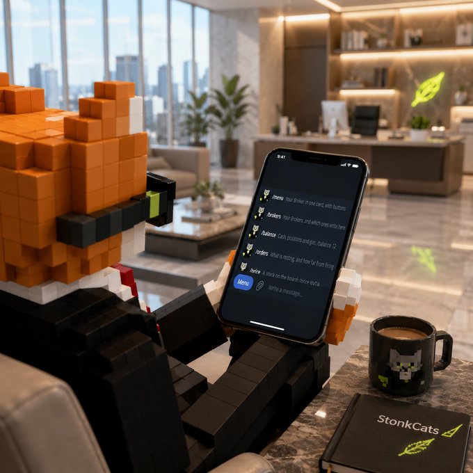 A pixel-art fox figure sits at a modern office desk holding a smartphone displaying a chat app, accompanied by a black 'StonkCats' mug.
