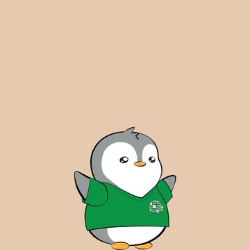 A cartoon illustration of a penguin wearing a green hoodie on a beige background.