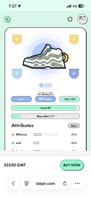 Mobile screenshot from stepn.com showing a Rare 'Jogger' sneaker NFT at Level 29 with stats including Efficiency 39.6 and Luck 28.8, priced at 55550 GMT.