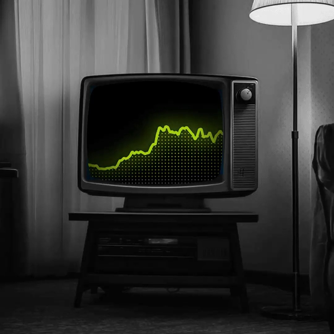 A vintage black-and-white TV set displays a green rising stock chart, fitting the post's message about keeping charts on for traders during the overnight session. A floor lamp illuminates the retro setup, casting a dim glow over the old-fashioned television and the modest stand it rests upon.