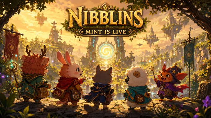 Fantasy-themed artwork titled 'Nibblins - Mint Is Live,' showing five cute animal characters (a bear, rabbit, cat, sheep, and fox dressed as a wizard) looking toward a glowing castle in a lush, magical landscape.