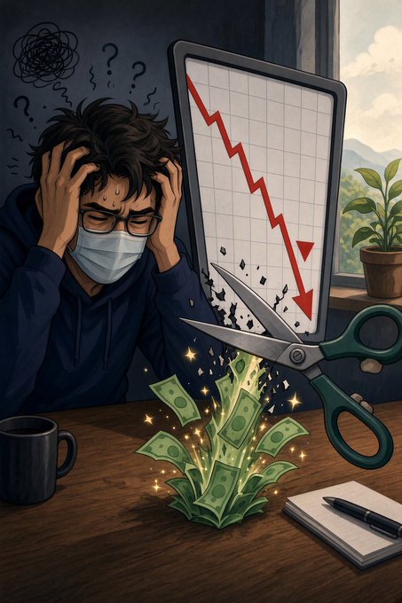 An illustration depicts a stressed man in a mask and glasses holding his head, watching a declining stock chart on a tablet while scissors cut a 'money tree' of cash.