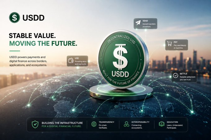 A promotional graphic for USDD stablecoin with the text 'STABLE VALUE. MOVING THE FUTURE.' and a large green coin emblem showing a dollar sign.