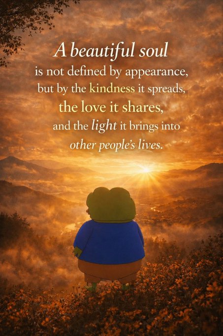 An animated character overlooks a warm sunset valley with an inspirational quote overlaid reading: "A beautiful soul is not defined by appearance, but by the kindness it spreads, the love it shares, and the light it brings into other people's lives." The message of inner beauty and positivity pairs with the "GM (Good Morning) Time to win" post, suggesting a fresh, optimistic start to the day.