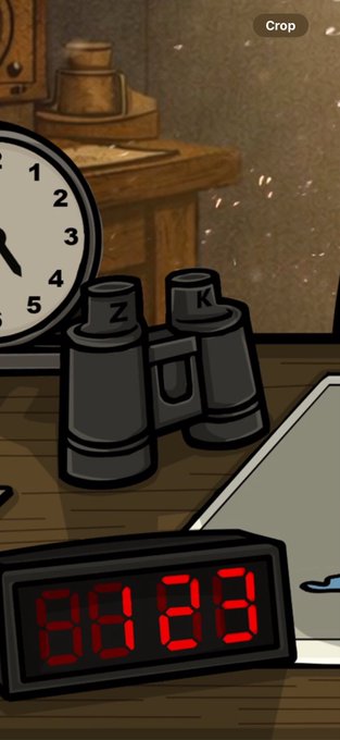 An illustrated scene shows a desk with binoculars labeled 'Z' and 'K', a clock face showing numbers 1-5, and a red digital display reading '88:88' below a 'Crop' button.