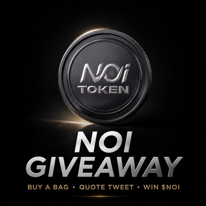 A sleek 3D-rendered $NOI token coin is displayed against a black background, featuring the "NOI TOKEN" logo, with bold white text below announcing a "NOI GIVEAWAY" and instructions to "BUY A BAG • QUOTE TWEET • WIN $NOI"—visually reinforcing the promotional giveaway described in the tweet.