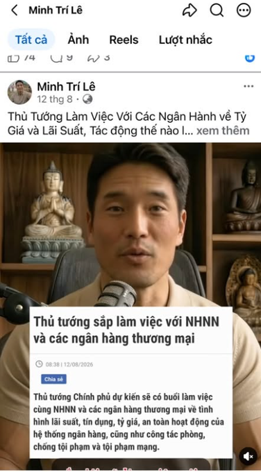 A Facebook post screenshot by 'Minh Trí Lê' featuring a video about the Prime Minister working with the State Bank and commercial banks regarding exchange rates and interest rates, with Vietnamese text and Buddhist statues in the background.